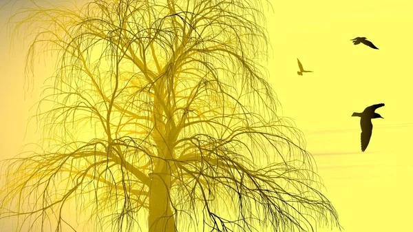 Eenzame boom zonder bladeren in de mist of nevel verlicht door helder oranje zonnegod stralen en vliegende meeuwen vogels. 3D illustratie. Reis en camping concept — Stockfoto
