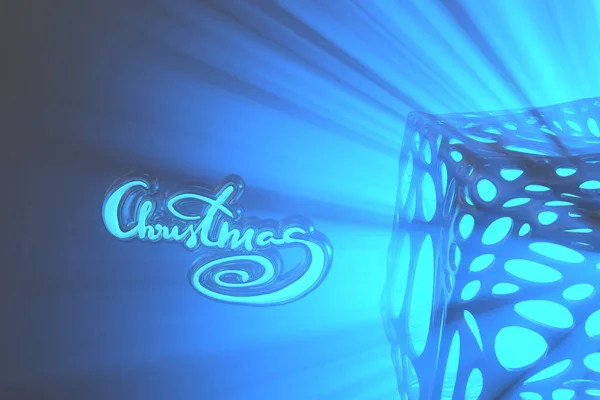 Χριστουγεννιάτικα κομψά χρυσά γράμματα λέξη με έντονο φως πυρήνα πάνω από αφηρημένη πλέγμα πλέγμα δομή και godrays σε ομίχλη ή ομίχλη γύρω από. Holyday 3d απεικόνιση — Φωτογραφία Αρχείου
