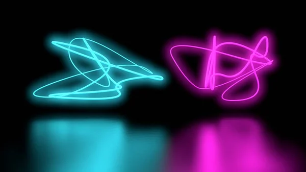 Futuristico Fantascienza Astratto Viola e blu Forme di luce al neon su parete di sfondo nero e pavimento riflettente con spazio vuoto per il testo 3D Rendering Illustrazione — Foto Stock