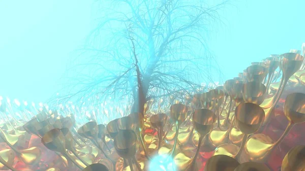 Βουνό, ομίχλη, ομίχλη αφηρημένη Λιβάδι πεδίο γεμάτο παράξενη βλάστηση με μορφή ποτήρια κρασιού και φωτίζεται από φωτεινό Θεό ήλιο ακτίνες με μοναχικό δέντρο χωρίς φύλλα. Ασυνήθιστο 3d απεικόνιση. Ταξίδι και τους στρατοπεδεύοντας — Φωτογραφία Αρχείου