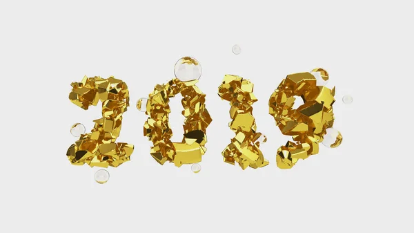 Gelukkig Nieuwjaar Banner met 2019 trendy roze kleur nummers gemaakt door verbrijzeld gebarsten goud met vliegende glas of water bolletjes isoleren op witte achtergrond. abstracte 3d illustratie — Stockfoto