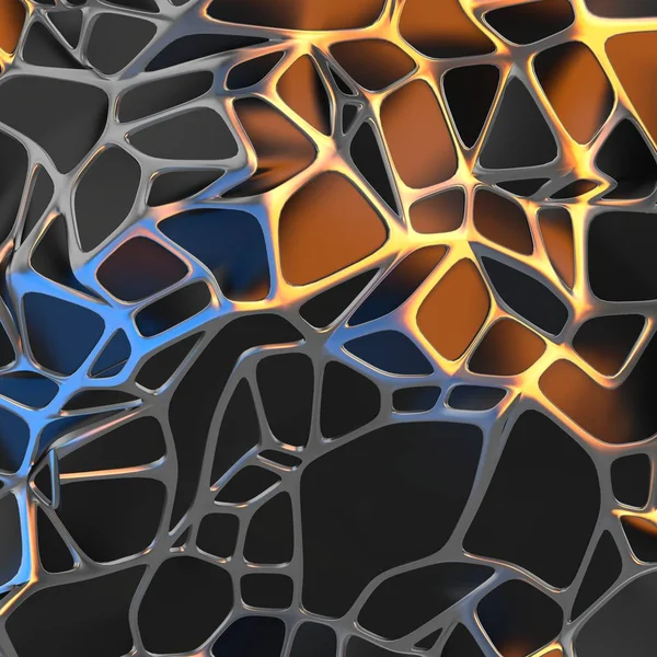 Altın çerçeve ile kaotik siyah manzara yapısının Soyut 3d render. Boş alanda fütüristik şekli