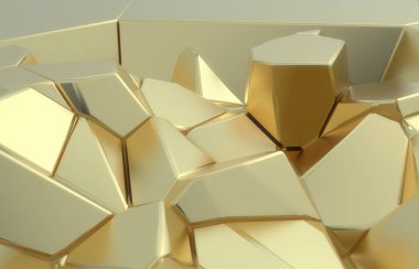 3D render, altın modern duvar doku, rasgele kümeleri dijital illüstrasyon, geometrik arka plan paramparça. Konsept mimari zenginlik ve refah ulaşmak