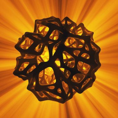 3D render kaotik Kafes Izgara hücresel mulecular yapısı ile yüksek poly kürenin kavramı. Sci-Fi arka plan ışık Tanrı ışınları ile boş alanda çokgen şeklinde. Fütüristik tasarım biyo