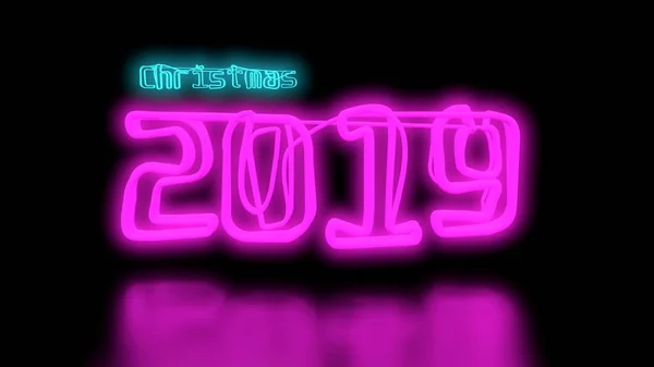 Noël 2019 Sci-Fi bleu cyan et violet rose néon Lumières lettrage mot sur fond noir mur et sol réfléchissant avec espace vide pour le texte Illustration rendu 3D — Photo