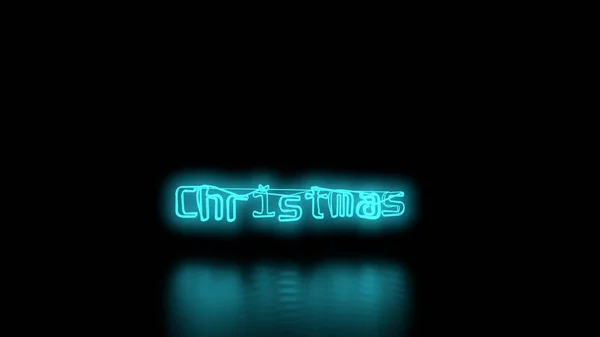 Christmas Sci-Fi blå cyan Neon Lights bokstäver ordet på svart fondvägg och reflekterande golv med tomt utrymme för Text 3d Rendering Illustration — Stockfoto