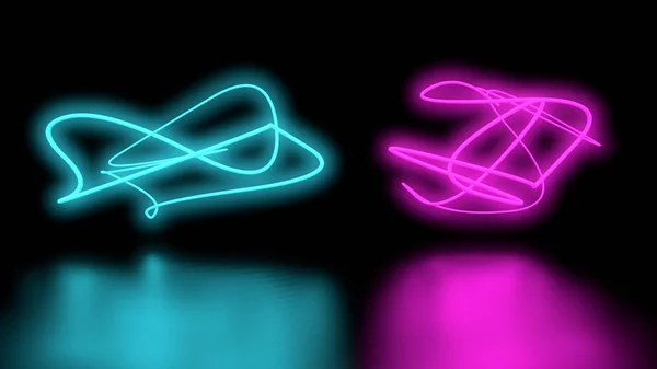 Futuristico Fantascienza Astratto Viola e blu Forme di luce al neon su parete di sfondo nero e pavimento riflettente con spazio vuoto per il testo 3D Rendering Illustrazione — Foto Stock