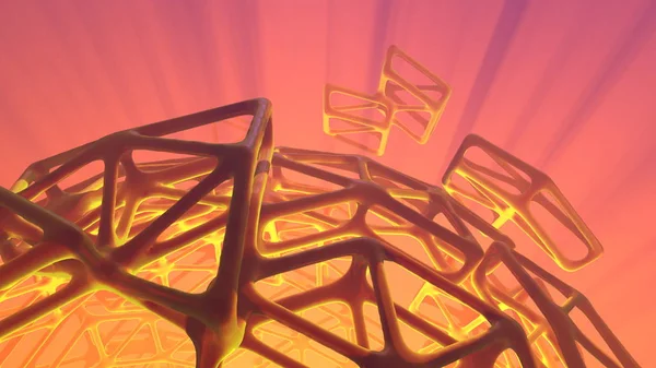 Concept abstrait de rendu 3D de haute poly sphère avec maille chaotique grille structure cellulaire muléculaire. Fond de science-fiction avec forme polygonale dans un espace vide avec des rayons de dieu de la lumière. Design futuriste bio — Photo