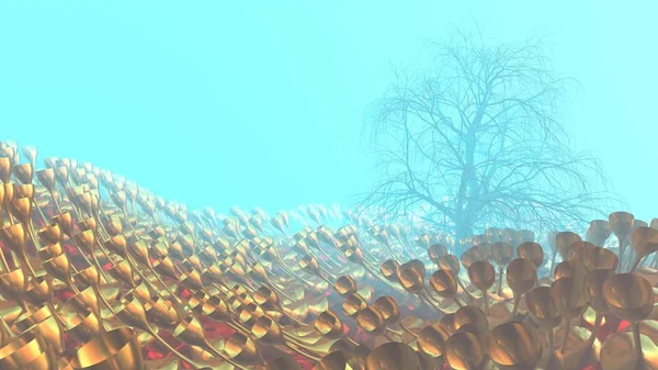 Mountain, fog, mist abstract meadow field full of strange vegetation in form of wine glasses and lit by bright sun god rays with lonely tree without leaves. Unusual 3d illustration. Travel and camping