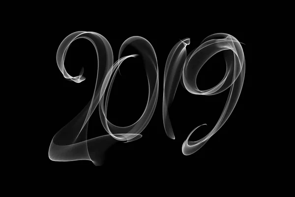 З Новим 2019 роком ізольовані номери, написані вогнем або димом на чорному тлі — стокове фото