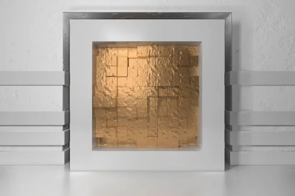 Minimalismo, maqueta de póster, interior de la ilusión 3d. Marco blanco en un nicho en la pared enyesada blanca llena de bloques de cajas de desplazamiento caóticos dorados — Foto de Stock