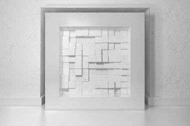 Minimalizm, poster, 3d İllüstrasyonu iç sahte. Beyaz çerçeveli duvar bir niş kaotik ötelenen kutuları blokları ile dolu