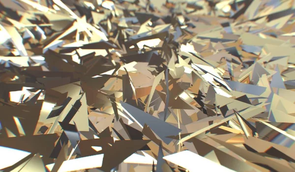 Rendu 3d Glitch, texture de champ éclatée moderne dorée, illustration numérique triangulaire aléatoire, fond géométrique abstrait. Richesse et prospérité atteignent l'architecture conceptuelle — Photo