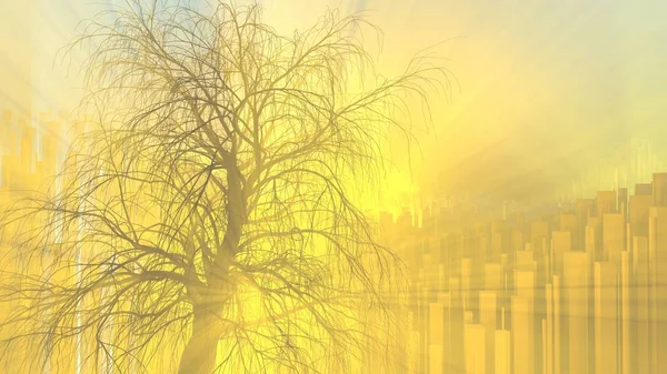 霧や霧の街背景に明るいオレンジ色の太陽神の光線が点灯でなく孤独な木を残します。3 d イラスト。旅行やキャンプのコンセプト — ストック写真