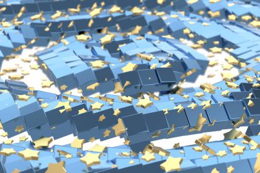 Beyaz arka plan ve mavi kutu matris alanı üzerinde uçan altın veya platin yıldız. 3D çizim modelleme. servet zengin araştırma bitcoin kavramı. İş Finans başarı clipart büyüyen para