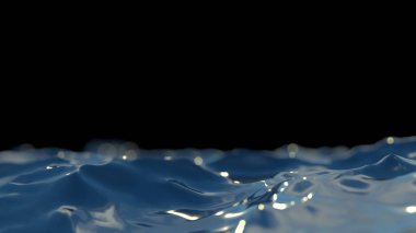Güzel masmavi berrak turkuaz deniz okyanus su yüzeyi dalgalanmalar ve dalgalar deniz manzarası siyah gece arka plan üzerinde izole closeup. Yatay resim 3d çizim ile boşaltmak için