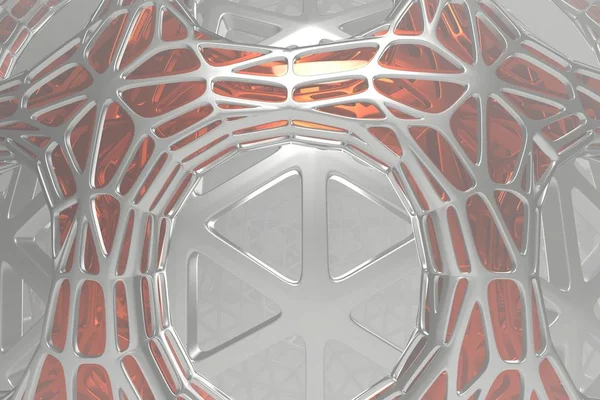 Concept abstrait de rendu 3D de haute architecture poly avec acier et verre, structure muléculaire cellulaire à grille de maille chaotique. Fond de science-fiction avec forme polygonale dans la brume ou l'air de brouillard. Futuriste — Photo