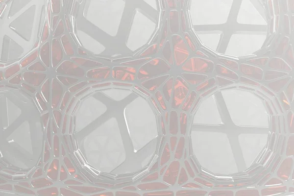 Concept abstrait de rendu 3D de haute architecture poly avec acier et verre, structure muléculaire cellulaire à grille de maille chaotique. Fond de science-fiction avec forme polygonale dans la brume ou l'air de brouillard. Futuriste — Photo