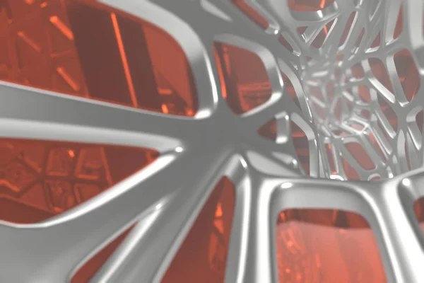 Abstrakta 3d rendering begreppet hög poly arkitektur med stål och glas, kaotiska mesh gallerstruktur cellulär mulecular. Sci-Fi bakgrund med månghörnigt form i dis eller dimma luft. Futuristiska — Stockfoto