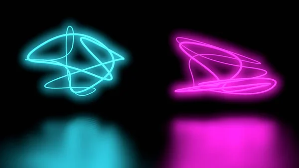 Futurista Sci-Fi Abstrato Roxo e azul Formas de luz de néon na parede de fundo preto e piso reflexivo com espaço vazio para ilustração de renderização 3D de texto — Fotografia de Stock