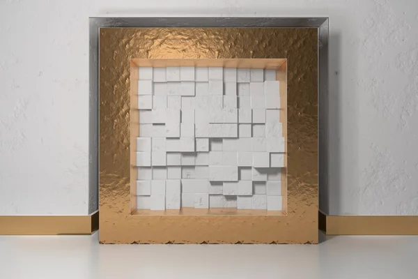 Minimalisme, maquette d'affiche, intérieur de l'illusion 3D. Cadre doré dans une niche dans le mur plâtré blanc rempli de blocs de boîtes décalées chaotiques blanches — Photo