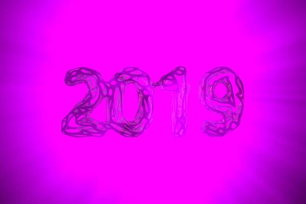 Happy New Year Banner with 2019 Numbers made by metal gold wire isolated on trendy pink Background with godrays light in fog, mist or smoke. abstract 3d illustration
