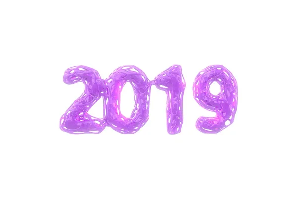Hyvää uutta vuotta Banner 2019 Numerot tekemät vaaleanpunainen muovilanka ja lowpoly ydin sisällä eristetty valkoisella taustalla. abstrakti 3d kuva — kuvapankkivalokuva