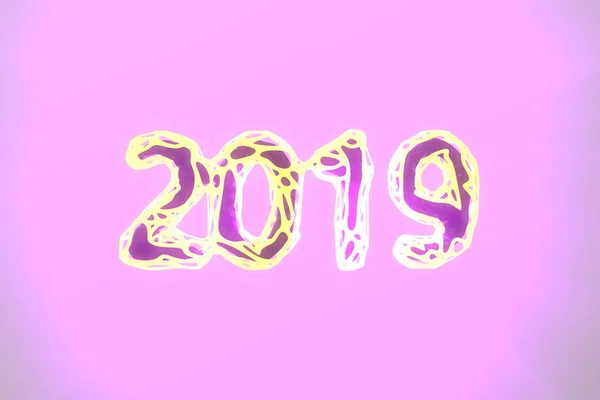 С Новым годом Знамя с 2019 Номера сделаны ярко-желтый светящийся провод и розовый низко ядро внутри изолированы на розовом фоне. Абстрактная трехмерная иллюстрация — стоковое фото