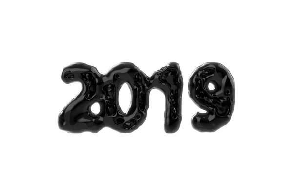 Feliz año nuevo Banner con 2019 Números hechos por brillante cáscara de plástico negro brillante y reflejado núcleo lowpoly en el interior aislado sobre fondo blanco. abstracto 3d ilustración — Foto de Stock