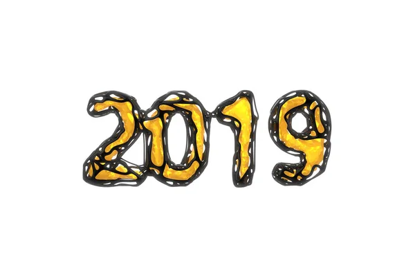 Щасливого нового року банер 2019 цифрами зроблені яскраві глянсовий пластикові провідний чорні шкаралупі і помаранчевий світиться lowpoly гранований core всередині ізольовані на білому тлі. Анотація 3d ілюстрація — стокове фото