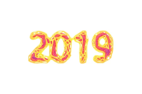 Happy New Year Banner with 2019 Numbers made by bright yellow glowing wire and pink lowpoly core inside isolated on white Background. abstract 3d illustration — Stock Photo, Image