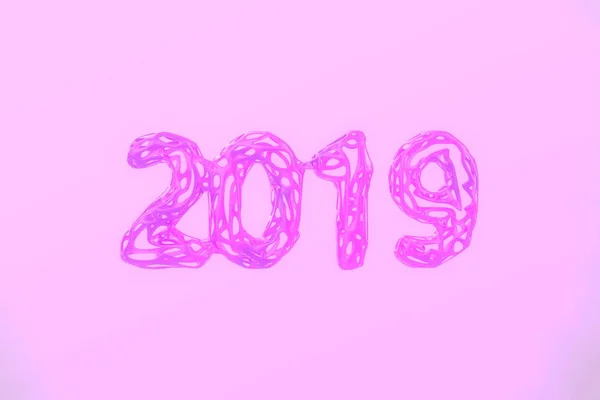 Feliz año nuevo Banner con 2019 Números hechos por alambre de plástico aislado en rosa de moda Fondo con godrays luz en la niebla, la niebla o el humo. abstracto 3d ilustración — Foto de Stock