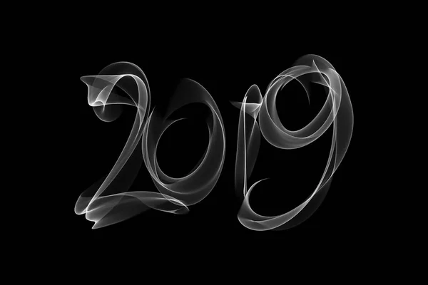 Feliz año nuevo 2019 letras números aislados escritos con llama de fuego o humo sobre fondo negro — Foto de Stock