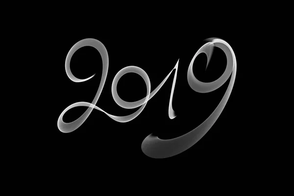 С Новым 2019 годом изолированные номера надписи с огненным пламенем или дымом на черном фоне — стоковое фото