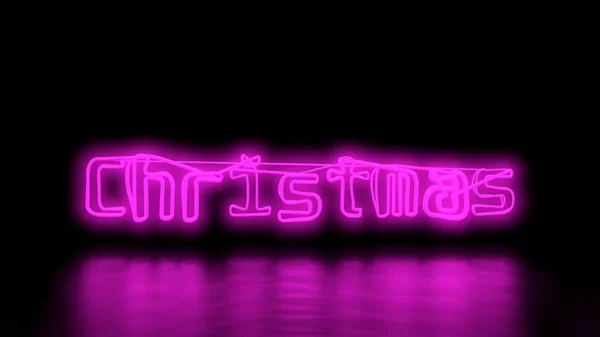 Christmas Sci-Fi Purple Pink Neon Lights lettering word On Black Background wall and Reflective floor With Empty Space For Text 3D Rendering Illustration — Stock Photo, Image