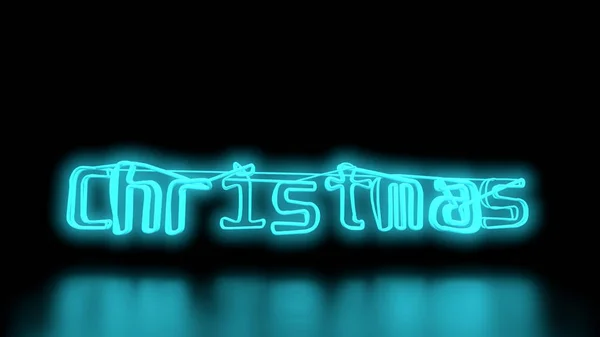 Natal Sci-Fi azul ciano Neon Lights lettering palavra na parede de fundo preto e piso reflexivo com espaço vazio para ilustração de renderização 3D de texto — Fotografia de Stock