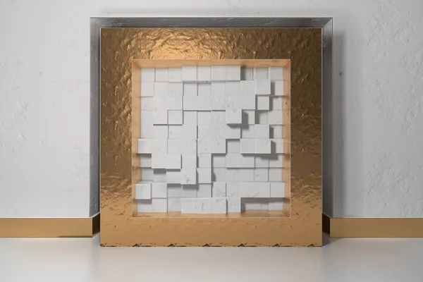 Minimalismo, maqueta de póster, interior de la ilusión 3d. Marco dorado en un nicho en la pared enlucida blanca llena de bloques blancos caóticos de cajas desplazadas — Foto de Stock