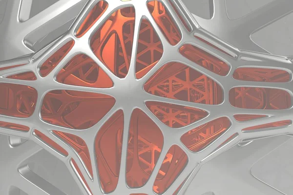 Abstrato 3d conceito de renderização de alta arquitetura poli com aço e vidro, estrutura mulecular celular grade malha caótica. Fundo de ficção científica com forma poligonal em névoa ou nevoeiro. Futurista — Fotografia de Stock
