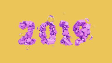 Mutlu yeni yıl afiş 2019 son moda pembe renk tarafından yapılan numaraları ile kırık taş cam küreler uçan ile turuncu zemin üzerine izole paramparça. Soyut 3d çizim.