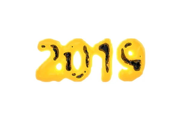 Щасливого нового року банер 2019 цифрами, зроблені яскраво світиться магми спалювання оболонки і глянсовий чорний lowpoly гранований core всередині ізольовані на білому тлі. Анотація 3d ілюстрація — стокове фото