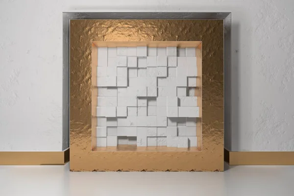 Minimalism, mock up affisch, 3d illutration interiör. Gyllene ram i en nisch i den vita putsade väggen fylld med vita kaotiska skiftade lådor block — Stockfoto