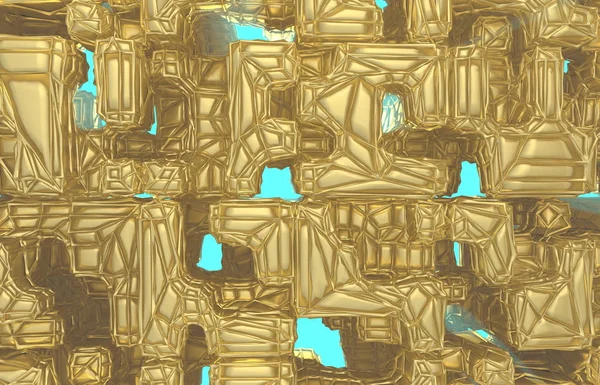Rendu 3d, texture murale cube filaire moderne doré, illustration numérique des grappes aléatoires, fond géométrique abstrait. Richesse et prospérité atteignent l'architecture conceptuelle — Photo