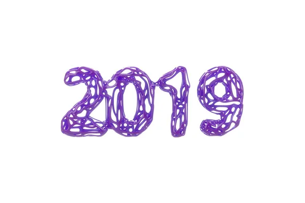 Bonne année bannière avec 2019 Nombres fabriqués par brillant fil plastique brillant coquille rose isolé sur fond blanc. illustration 3D abstraite — Photo