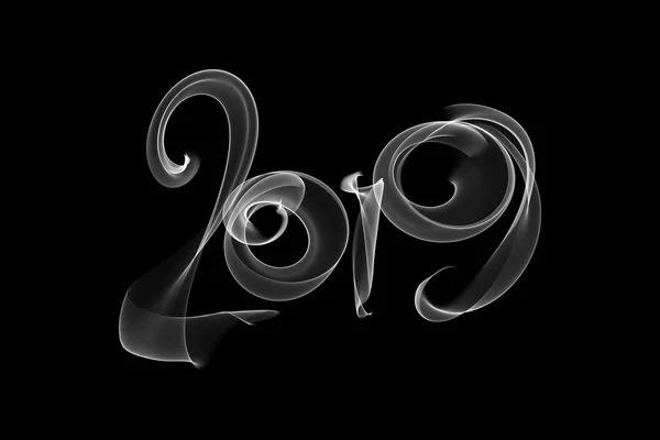 Šťastný nový rok 2019 izolovaná čísla nápis psaný s oheň plamen nebo kouřit na černém pozadí — Stock fotografie