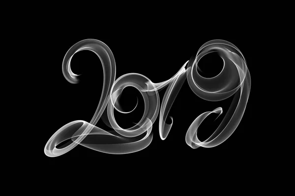 Felice anno nuovo 2019 numeri isolati lettering scritto con fiamma di fuoco o fumo su sfondo nero — Foto Stock