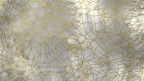 3D καθιστούν, Χρυσή μοντέρνα τοίχο κατασκευασμένο από χρυσό σύρμα, τυχαία συμπλέγματα τρίγωνο ψηφιακή εικονογράφηση, αφηρημένη γεωμετρική φόντο υφή. Πλούτο και την ευημερία επιτευχθεί αρχιτεκτονική αντίληψη — Φωτογραφία Αρχείου