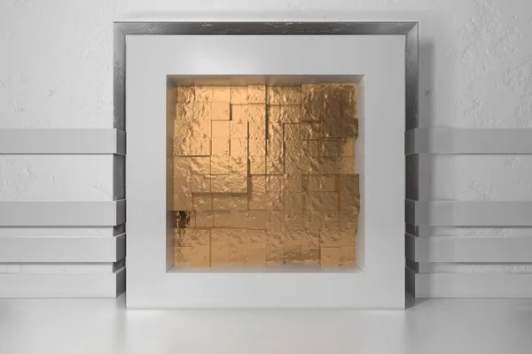 Minimalism, mock up poster, 3d illutration interior. White frame in a niche in the white plastered wall filled with golden chaotic shifted boxes blocks — Stock Photo, Image