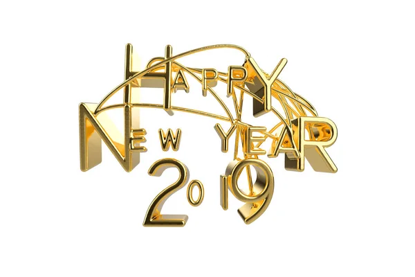 Feliz Año Nuevo 2019 Navidad elegante palabra de letras doradas con letras atadas por cadenas aisladas sobre fondo blanco. Ilustración Holyday 3D —  Fotos de Stock