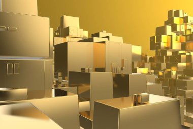 Servet zengin kavram fikir Golden city adlı günbatımı ışınları soyut uzay background.3d resim işleme