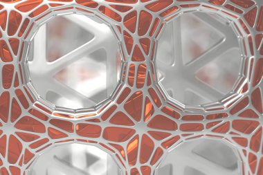 Yüksek poly mimari çelik ve cam, kaotik Kafes Izgara hücresel mulecular yapısı ile 3D render kavramı soyut. Bilim-kurgu arka sis veya sis hava çokgen şeklinde. Fütüristik